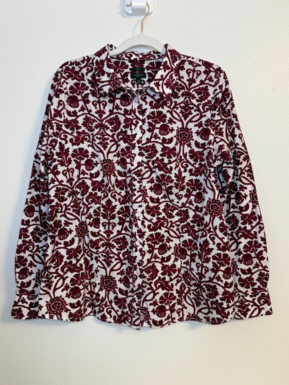 Talbots White Button-Down Shirt with Burgundy Floral Motif — Non-Iron